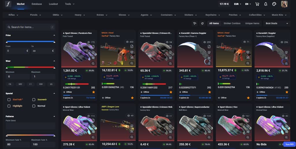 CSPriceAPI price badges on the CSFloat listing grid