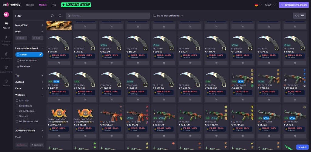 CSPriceAPI price badges on the CS.Money listing grid
