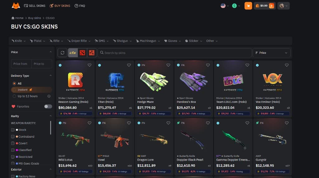 CSPriceAPI price badges on the LIS-SKINS listing grid