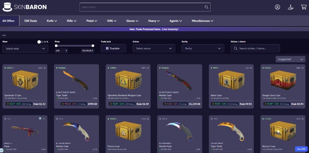 CSPriceAPI price badges on the SkinBaron listing grid