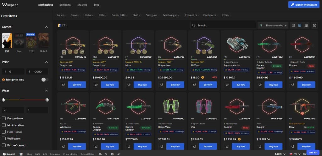 CSPriceAPI price badges on the Waxpeer listing grid