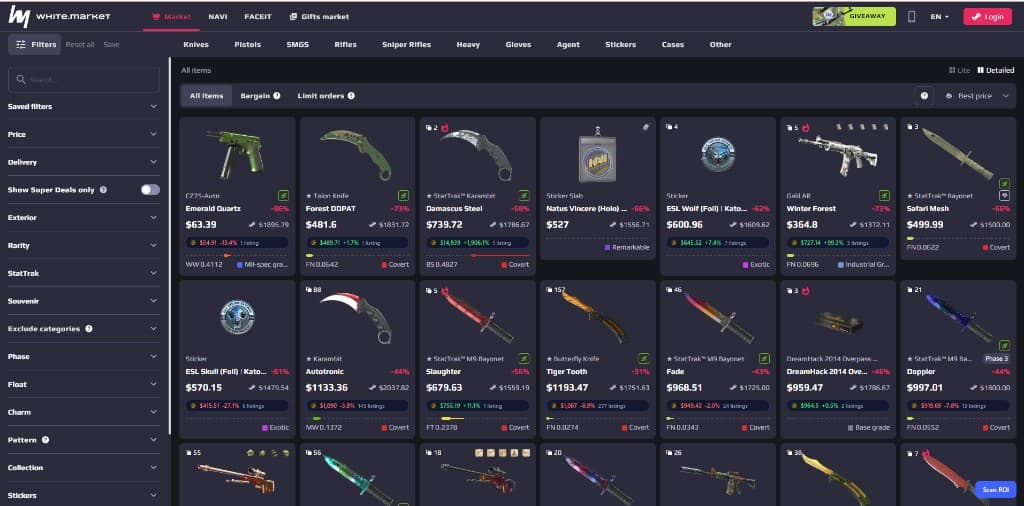 CSPriceAPI price badges on the White.Market listing grid