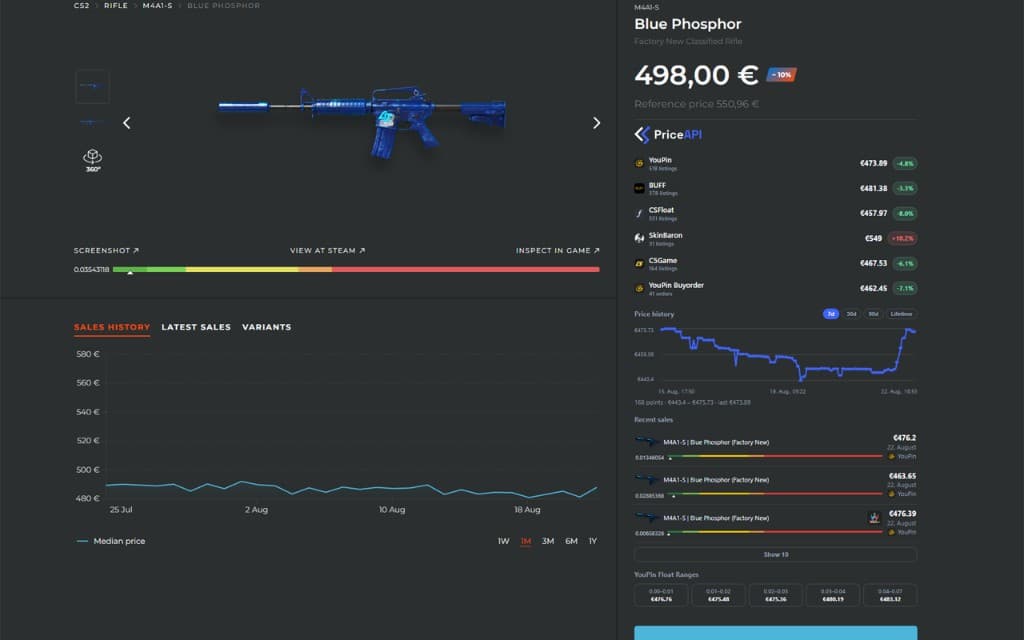 CSPriceAPI comparison panel on a CS2 item detail page