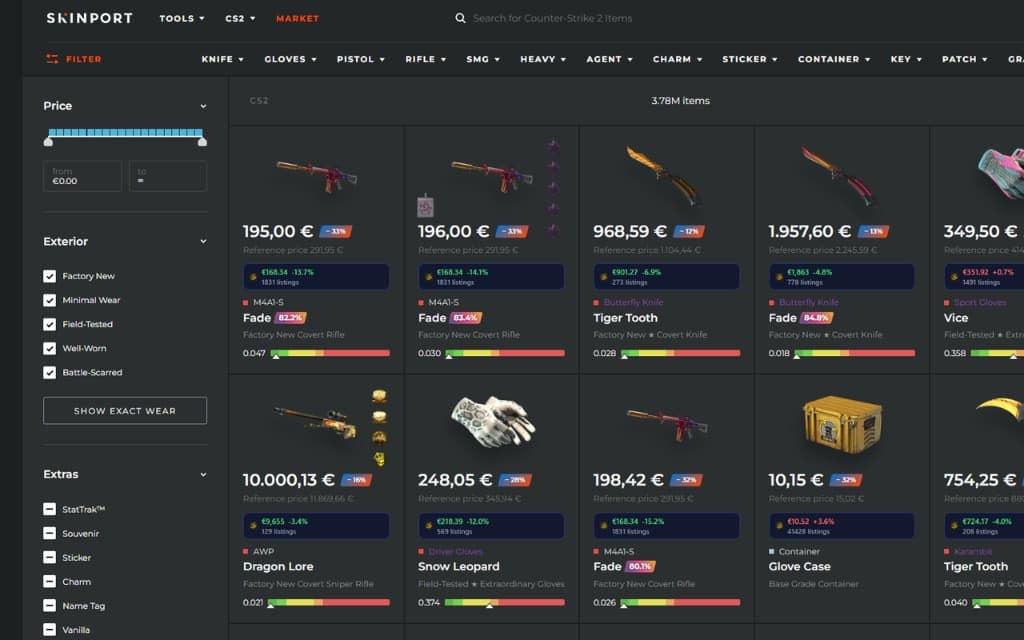 CSPriceAPI price badges on a CS2 marketplace listing grid