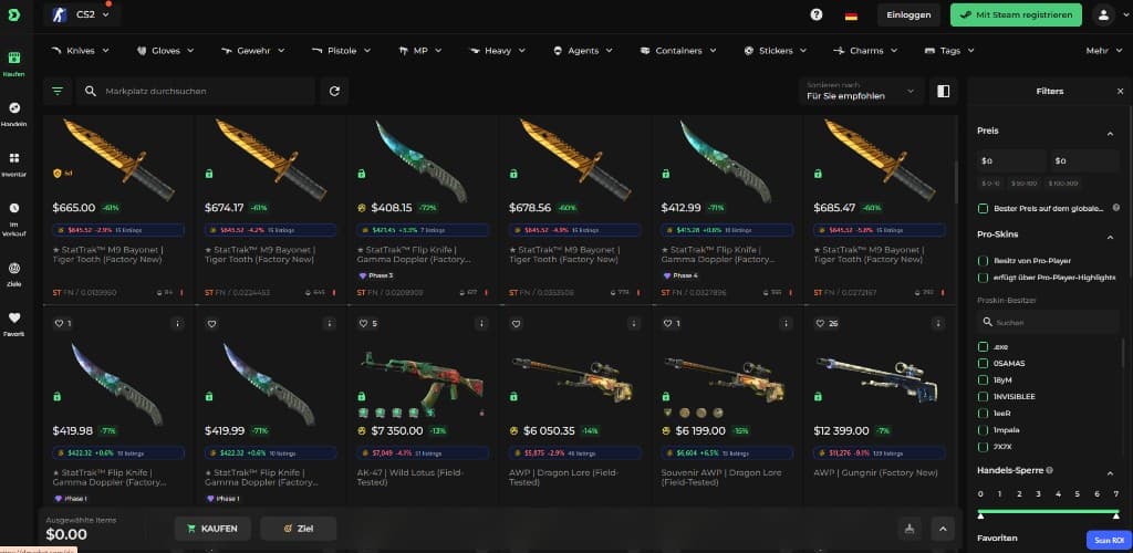CSPriceAPI price badges on the DMarket listing grid