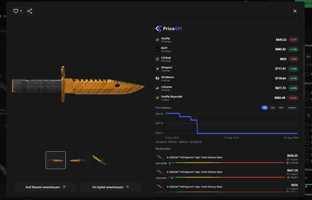 CSPriceAPI price comparison panel on a DMarket item page