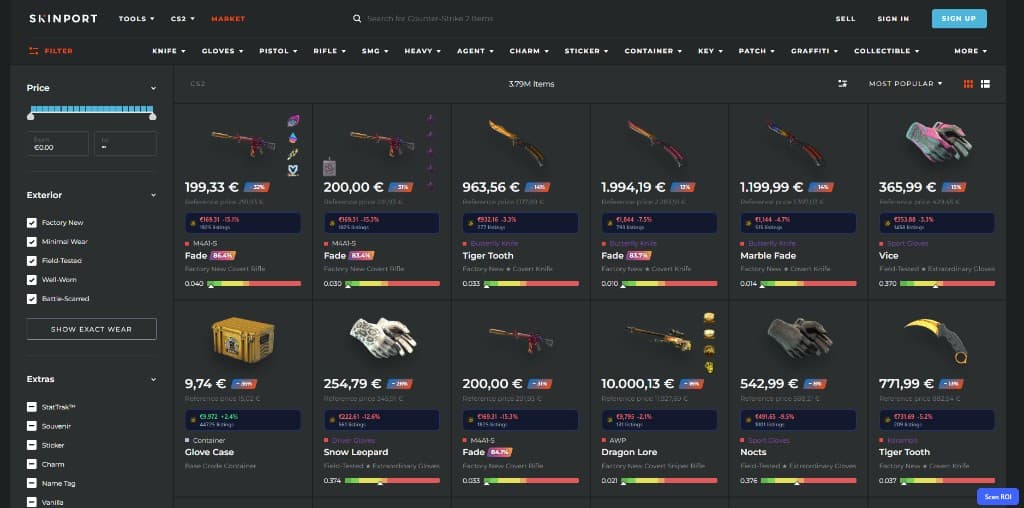 CSPriceAPI price badges on the Skinport listing grid